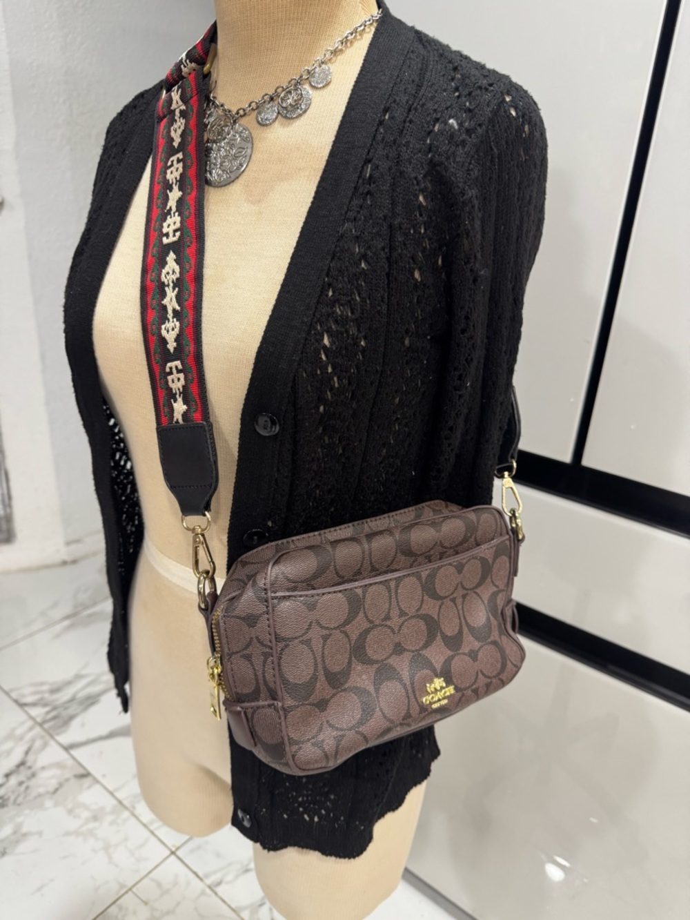 Brown Signature Canvas Crossbody with Patterned Strap